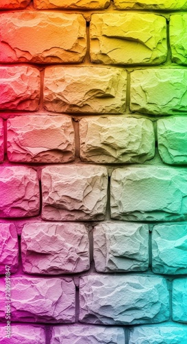 Vibrant stone wall featuring a smooth color gradient transition across natural rock textures, perfect for creative design backgrounds, texture, element, decorative