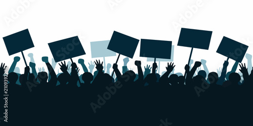 Crowd Silhouette With Raised Hands And Signs Against A White Background