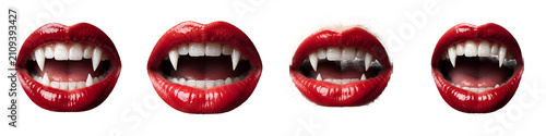 Red Lips with Vampire Fangs Isolated on White Background Stock Photo - Professional Halloween and Beauty Concept Photography