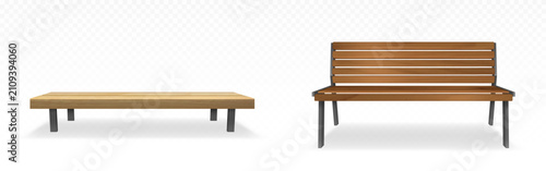 Bild auf Leinwand Wooden park benches with backrest, 3d realistic vector illustration isolated on transparent background, front view