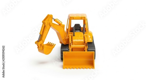 Yellow toy excavator with front loader and articulated arm on white background.
