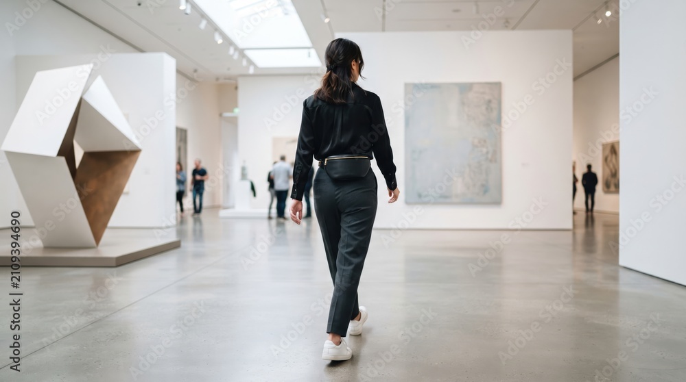Fototapeta premium Woman walking through art gallery viewing contemporary sculpture and painting. Visitor exploring exhibition in modern museum. Cultural tourism and leisure activity for fine art lover.