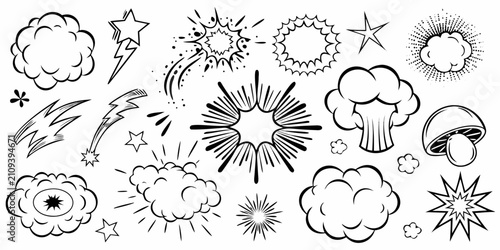 Konstfotografi Comic explosion effect set black and white vector illustration