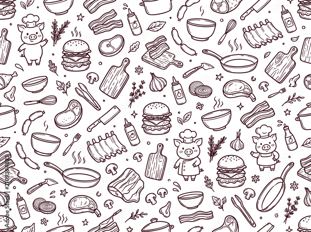 Fototapeta premium BBQ pork and burgers vector image pattern