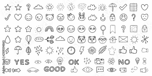 Foto Collection Of Hand Drawn Line Icons And Pictograms On White Background