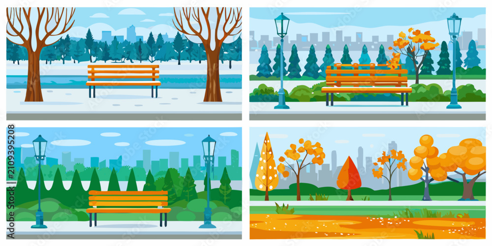 Obraz premium Park Scenes With Benches And Trees Vector Illustrations