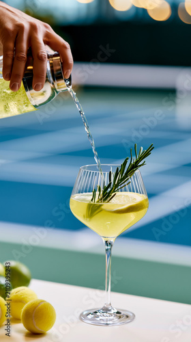 A cocktail shaker pours clear liquid into a glass garnished with rosemary and lime, tennis balls resting nearby beside a blurred court. A refreshing sports lifestyle beverage image.