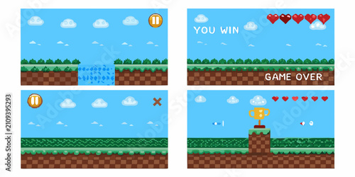 Quadro su tela Retro 8 bit Platformer Game Screens With Clouds And Terrain