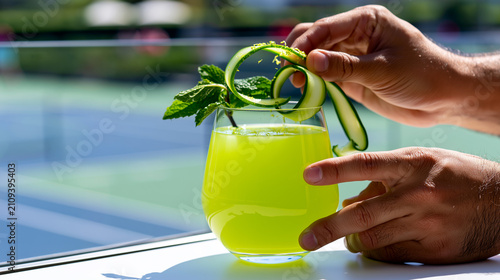 Bartender garnishing vivid green mocktail with cucumber ribbon, mint and lime zest, fresh alcohol-free drink preparation, sunny outdoor resort club atmosphere closeup.