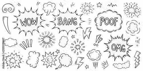 Fotografie Comic book speech bubbles and explosion effects hand drawn vector illustration