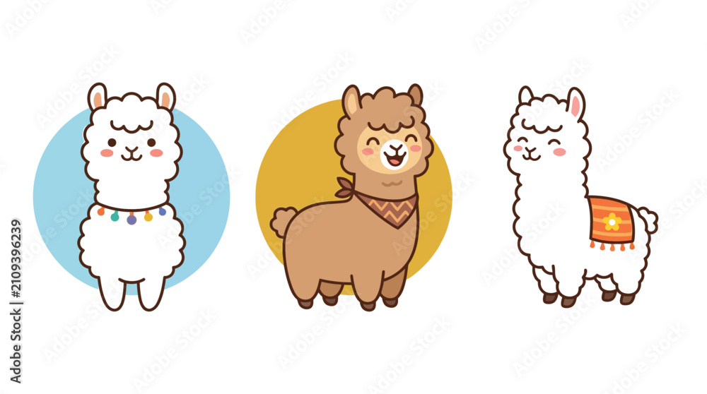 Fototapeta premium Three cute fluffy llamas standing in colorful circles as a charming vector style animal collection set