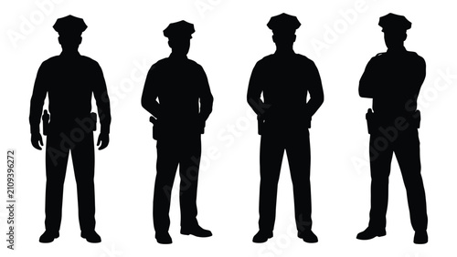 Fotografie Silhouettes of four police officers standing