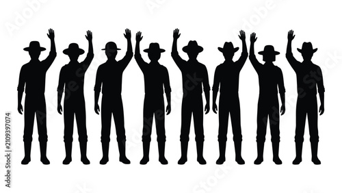 Tableau sur toile Black silhouettes of men in cowboy hats raising hands