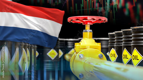 Foto The Netherlands flag, oil pipelines, oil drums, and financial charts illustrate the energy sector, the oil and gas industry, gasoline transportation, and fluctuations in Dutch oil prices