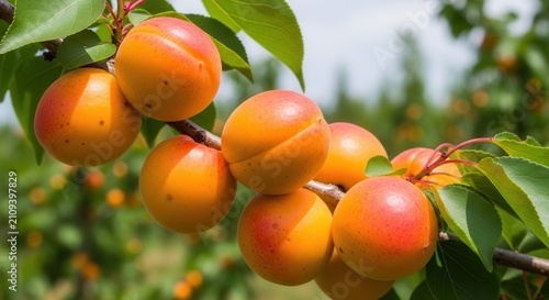 Fresh Apricots Ripening on a Tree Branch in Sunlight