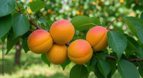 Fresh Apricots Growing on Tree Branch with Green Leaves, Summer Orchard