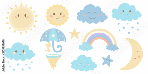 Weather Icons Collection Pastel colored Vector Illustration With Smiling Faces