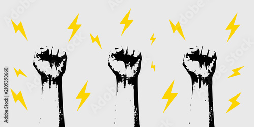Raised Fists And Lightning Bolts Black Silhouette On White Background Protest Art Style