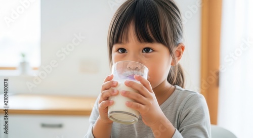 Young Asian girl drinking a glass of milk at home.