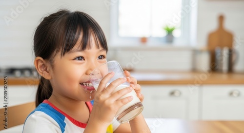 Young Asian girl drinking milk from a glass at home.