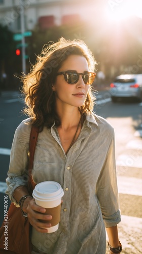 A woman with dark brown hair and sunglasses is holding a takeaway coffee cup outdoors in the city during summer.
