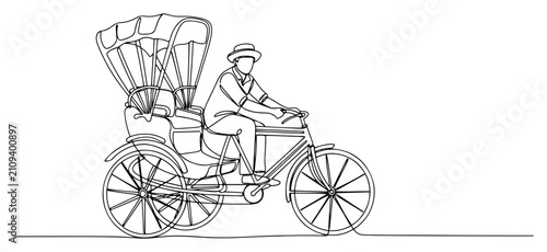 Canvas Print Traditional bicycle rickshaw with driver in continuous one line art style, Asian