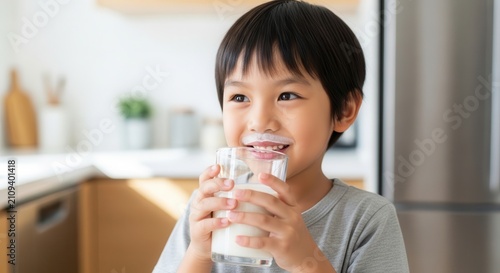 Young Asian boy happily drinking milk with a milk mustache in the kitchen.