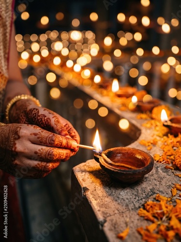 Close-up of hands decorated with intricate henna art lighting a row of small clay oil lamps surrounded by scattered marigold petals at dusk. Diwali, Festival of lights celebration.