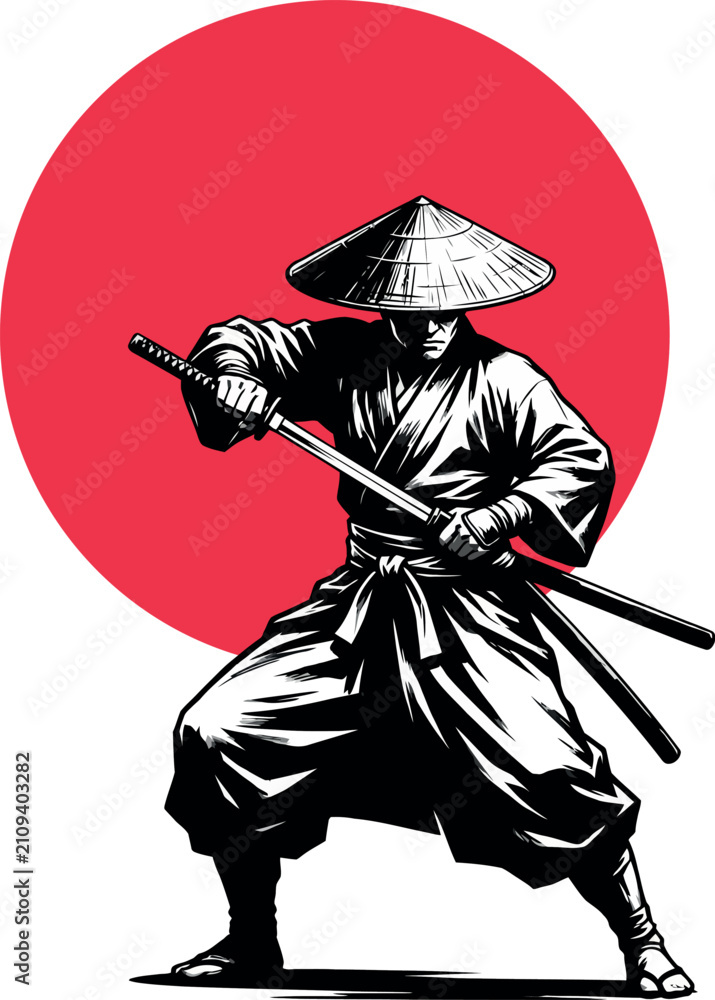 Obraz premium samurai con cappello di paglia