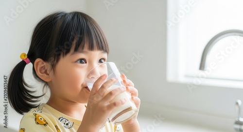 Young Asian Girl Drinking Milk from a Glass in a Bright Kitchen.