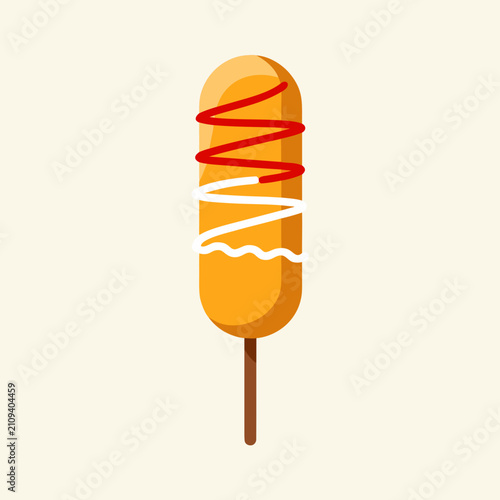 Flat vector illustration of a Korean corn dog with smooth golden coating, zigzag ketchup and mayonnaise lines, minimal design, isolated on light background, modern food icon style.