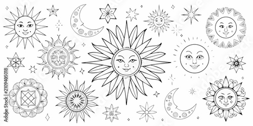 Foto Celestial Bodies And Stars Vector Illustration Set Black And White