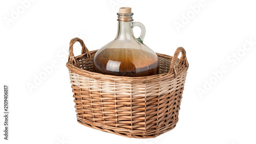 Quadro su tela Large empty glass bottle carboy inside wicker basket container isolated on trans