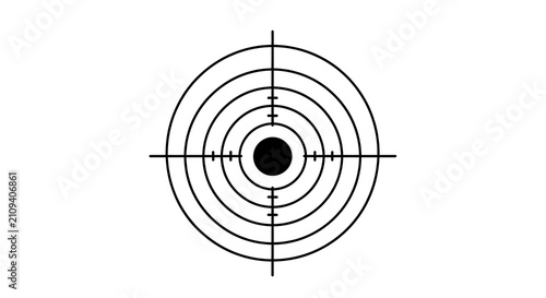 A black and white illustration of a target with concentric circles and a crosshair