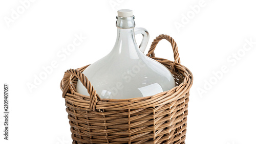 Foto Large empty white glass carboy bottle inside wicker basket isolated on transpare