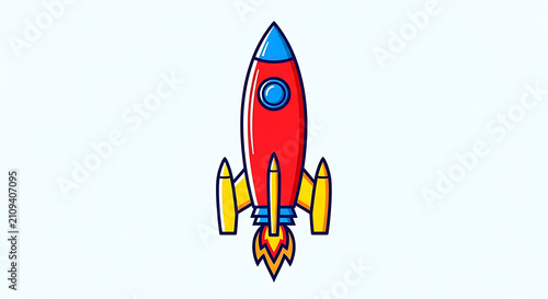A colorful cartoon rocket ship blasting off into the sky