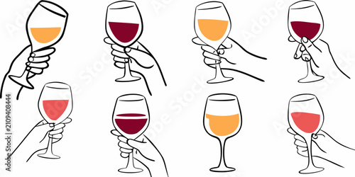 Hands Holding Wine Glasses Vector Illustrations With Colored Liquids