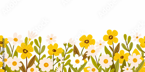 Fotografija Yellow And White Floral Ornament With Green Leaves Vector Illustration