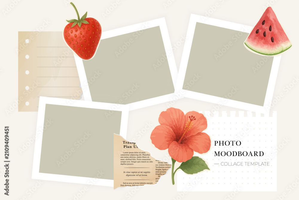 Obraz premium Collage template moodboard with photo frame fruit flower paper layout scrapbook