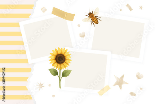 Moodboard collage template with photo frame sunflower bee paper tape yellow