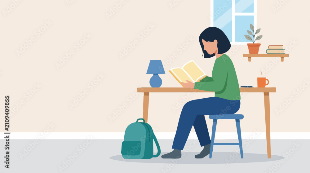 Fototapeta premium Minimalist illustration of a person reading a book at a desk in a cozy room