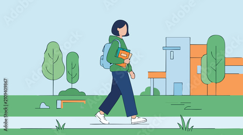 Student Walking on Campus with Books and Backpack - Flat Illustration