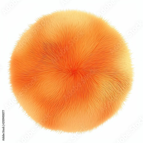 Orange furry sphere showcasing a soft texture and playful fluffs, forming an abstract and vibrant 3D rendering of a fuzzy ball isolated against a crisp white background