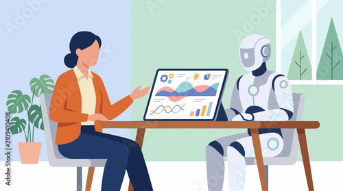 Businesswoman and Robot Collaborating on Data Analysis with Digital Tablet