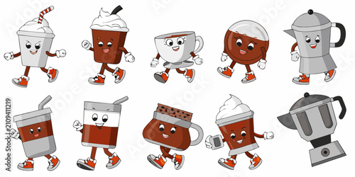 Fotografie Anthropomorphic Coffee Containers And Percolator Colorful Vector Illustration
