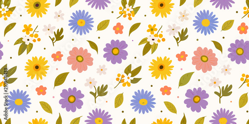 Obraz na plátne Floral ornament with assorted wildflowers on a white background