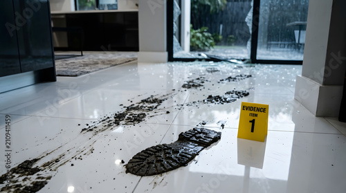 Muddy Footprint Trail and Evidence Marker on Shiny Floor.
