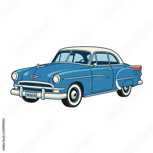 Classic Blue & White Vintage Car Isolated on White Background Vector Illustration