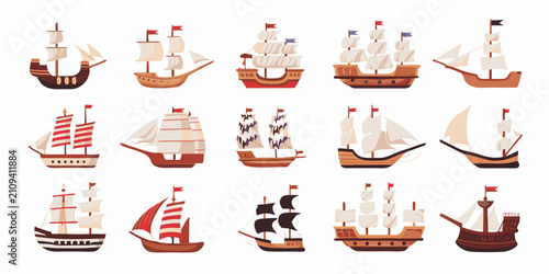 Obraz na płótnie Collection Of Historical Sailing Ships Flat Vector Illustration On White Backgro
