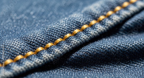 Close-up of blue denim fabric with yellow stitching detail